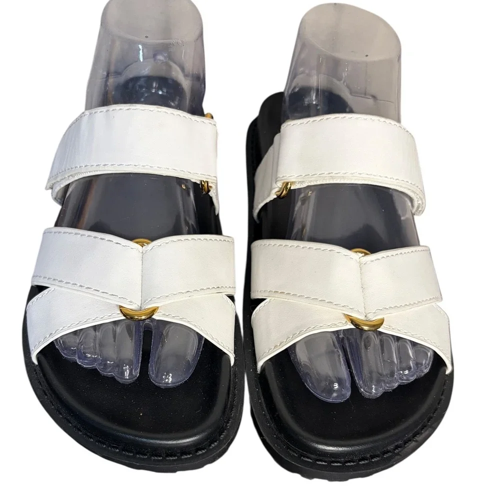 NWOB Zara White Black Slide Sandals Gold Hardware Minimalist Women's 7.5 - Picture 2 of 7